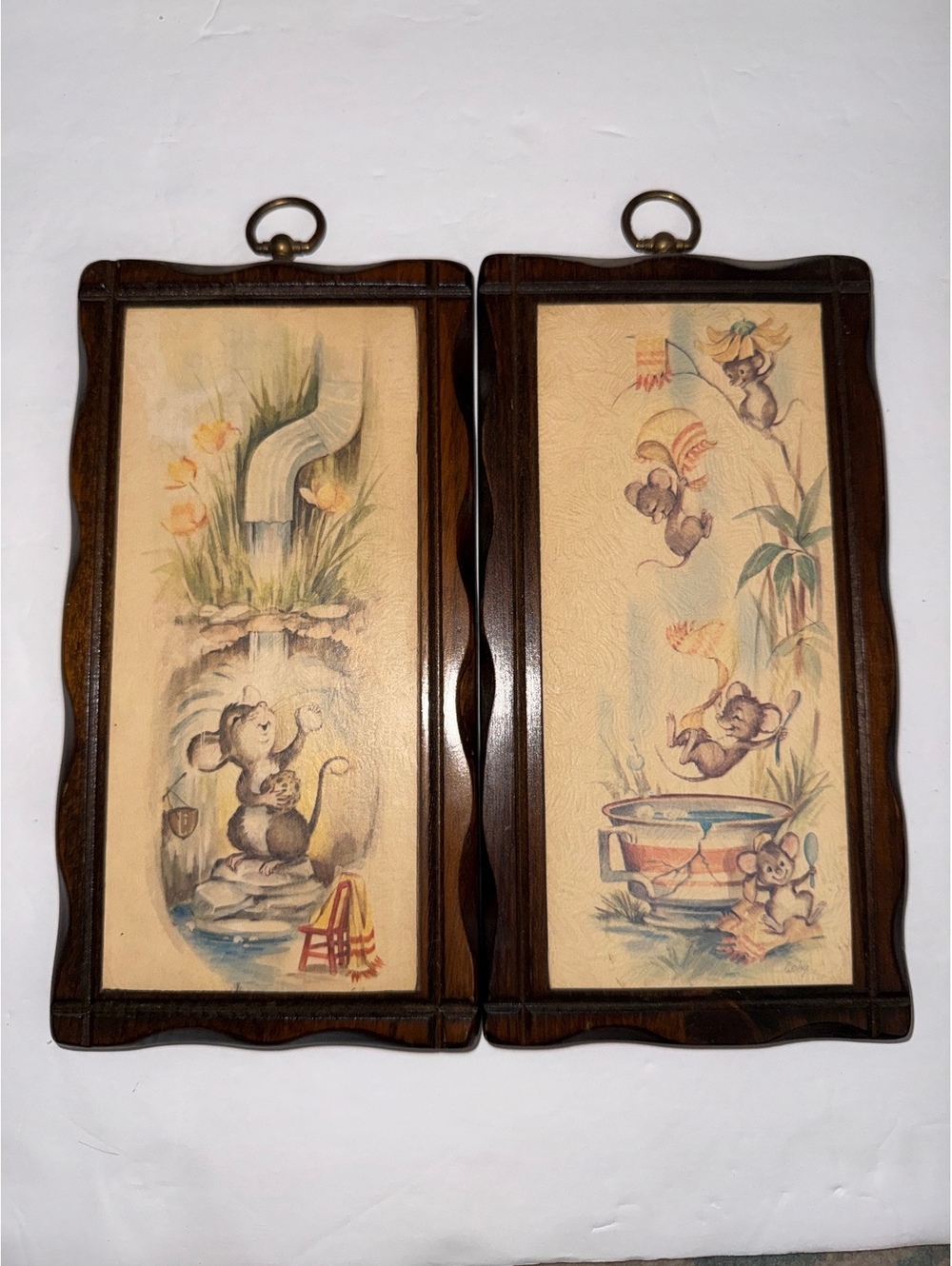Vintage Pair of Coby Wooden Plaques with Mouse Illustrations